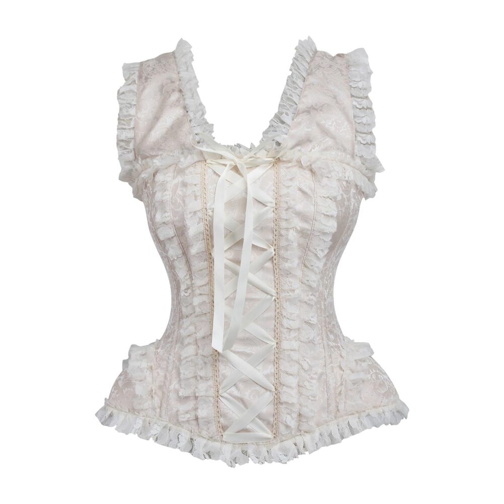 8939 Top Drawer Ivory Brocade & Lace Steel Boned Corset w/Cap Sleeves